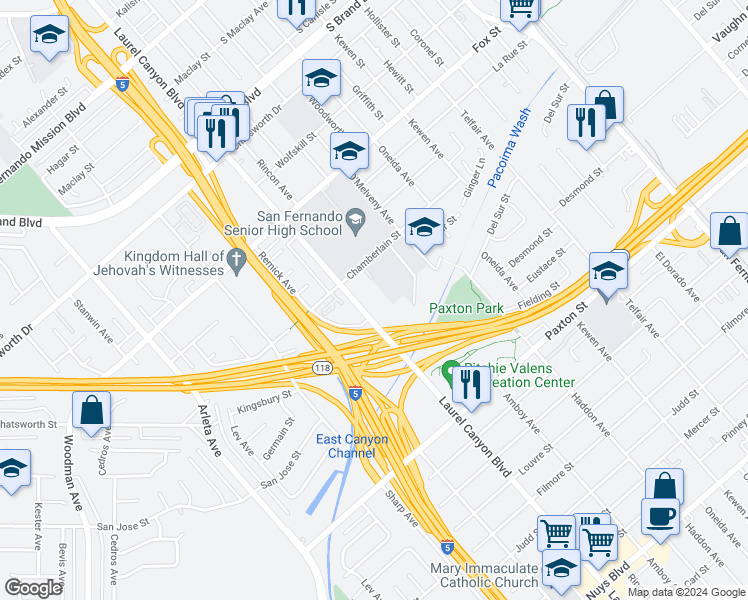 map of restaurants, bars, coffee shops, grocery stores, and more near 10906 Laurel Canyon Boulevard in San Fernando