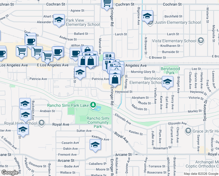 map of restaurants, bars, coffee shops, grocery stores, and more near 1687 Erringer Road in Simi Valley
