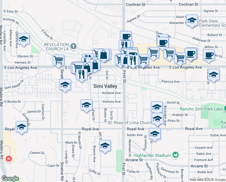 map of restaurants, bars, coffee shops, grocery stores, and more near 975 Ashland Avenue in Simi Valley