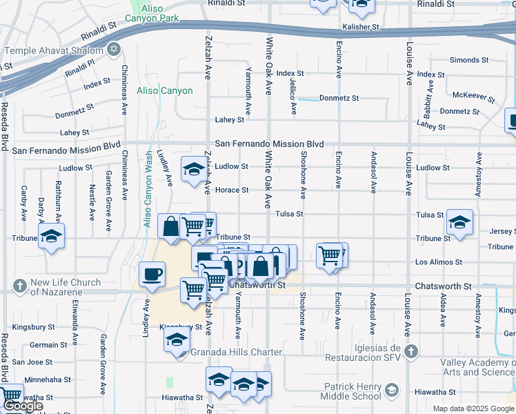 map of restaurants, bars, coffee shops, grocery stores, and more near 17733 Tulsa Street in Los Angeles