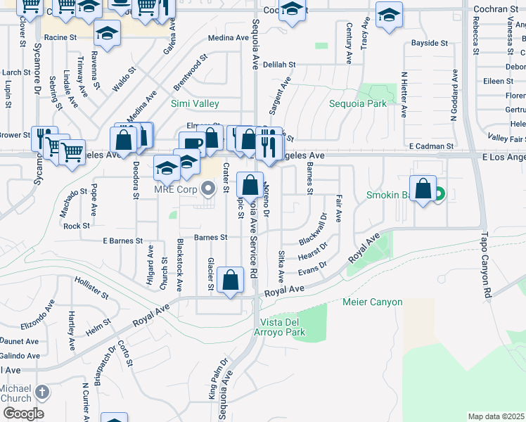 map of restaurants, bars, coffee shops, grocery stores, and more near 1698 Moreno Drive in Simi Valley