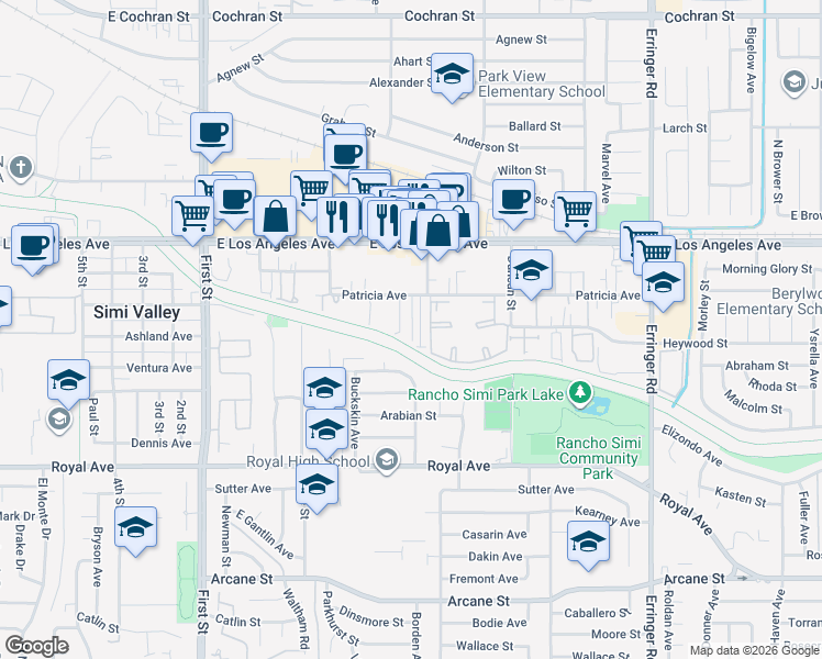 map of restaurants, bars, coffee shops, grocery stores, and more near 1448 Patricia Avenue in Simi Valley