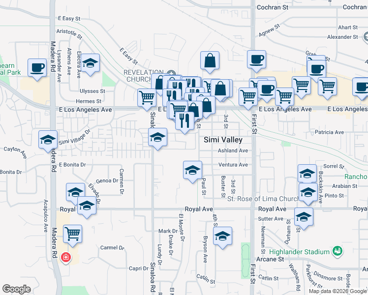 map of restaurants, bars, coffee shops, grocery stores, and more near 1760 Sinaloa Villa Road in Simi Valley