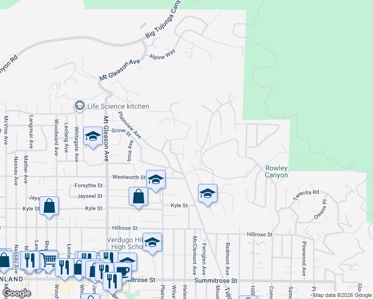 map of restaurants, bars, coffee shops, grocery stores, and more near 11010 Mountair Avenue in Los Angeles