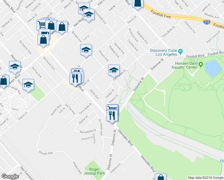 map of restaurants, bars, coffee shops, grocery stores, and more near 12353 Garber Street in Los Angeles