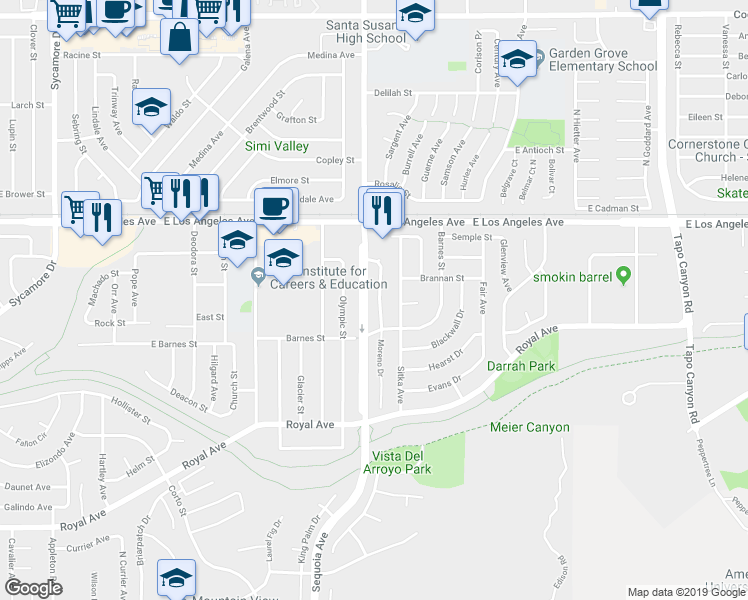 map of restaurants, bars, coffee shops, grocery stores, and more near 1698 Moreno Drive in Simi Valley