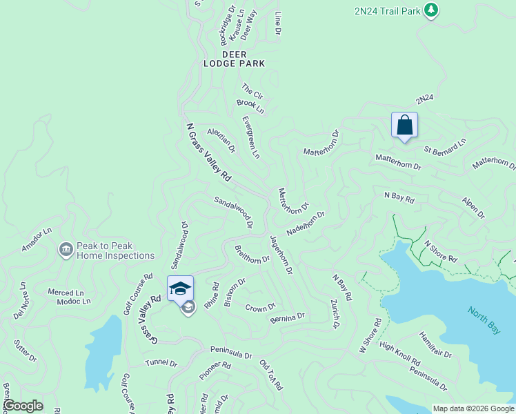 map of restaurants, bars, coffee shops, grocery stores, and more near 1032 Grass Valley Road in Lake Arrowhead