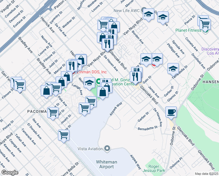 map of restaurants, bars, coffee shops, grocery stores, and more near 12765 Pierce Street in Pacoima