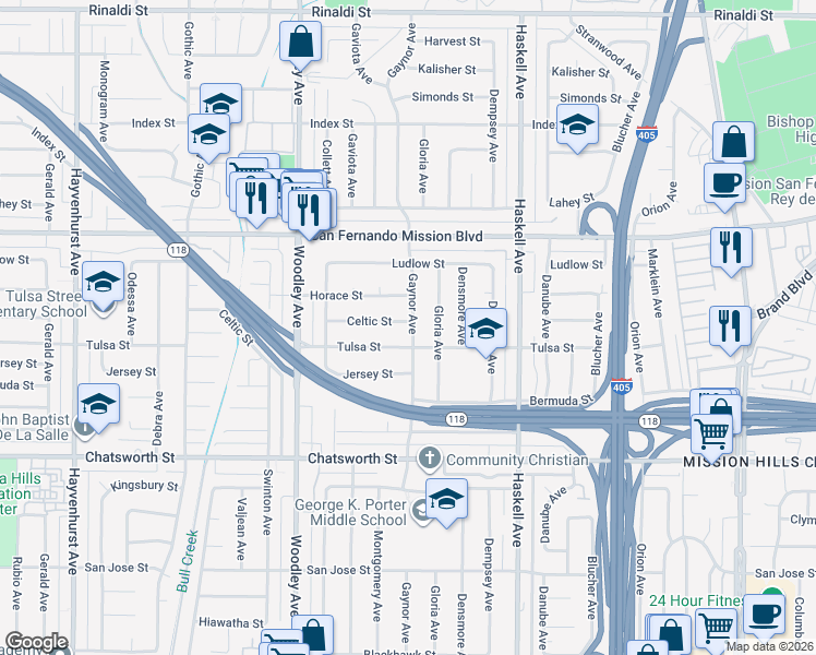 map of restaurants, bars, coffee shops, grocery stores, and more near 16000 Celtic Street in Los Angeles