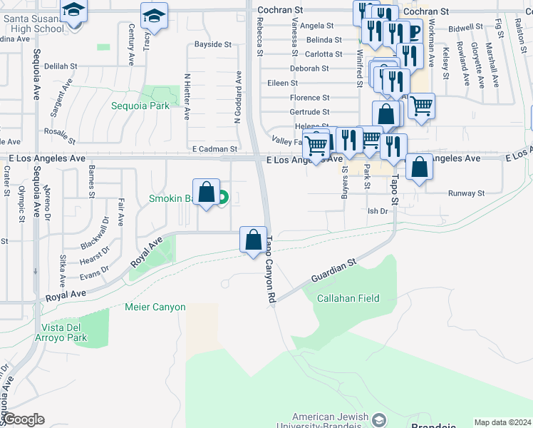 map of restaurants, bars, coffee shops, grocery stores, and more near 1800 Tapo Canyon Road in Simi Valley