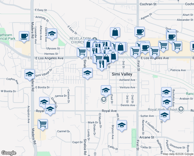 map of restaurants, bars, coffee shops, grocery stores, and more near 1766 Sinaloa Road in Simi Valley