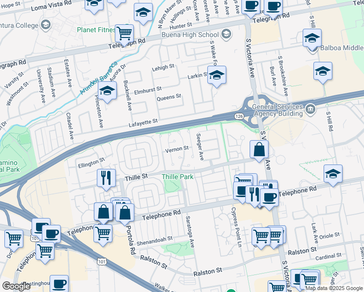 map of restaurants, bars, coffee shops, grocery stores, and more near 5413 Vernon Street in Ventura