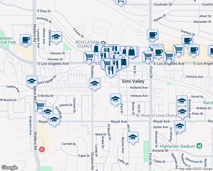 map of restaurants, bars, coffee shops, grocery stores, and more near 1766 Sinaloa Road in Simi Valley