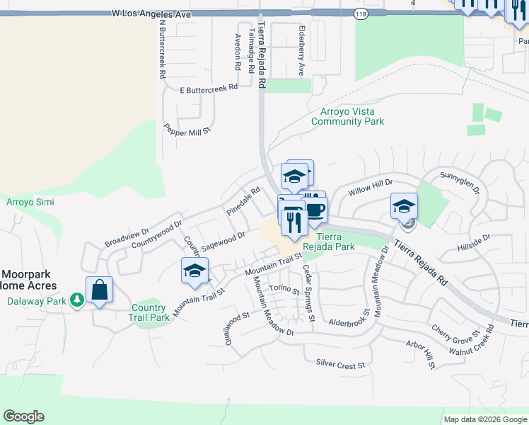 map of restaurants, bars, coffee shops, grocery stores, and more near 4368 Clearwood Road in Moorpark