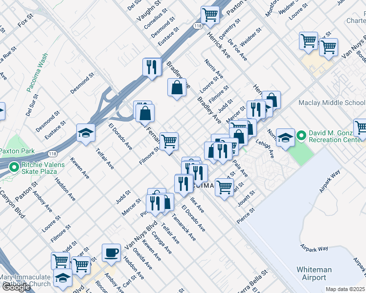 map of restaurants, bars, coffee shops, grocery stores, and more near 10928 Sutter Avenue in Los Angeles