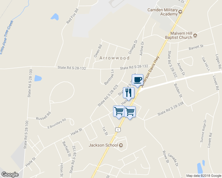 map of restaurants, bars, coffee shops, grocery stores, and more near 1905 State Road S-28-425 in Camden