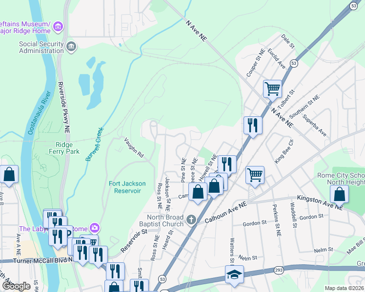 map of restaurants, bars, coffee shops, grocery stores, and more near 20 Roseway Circle in Rome