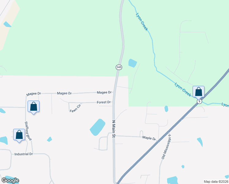 map of restaurants, bars, coffee shops, grocery stores, and more near 100 Magee Drive in Pontotoc