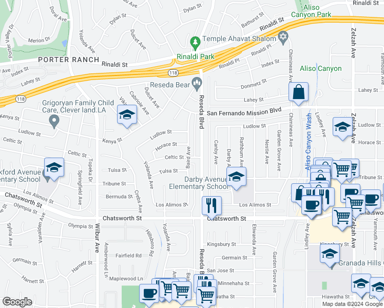 map of restaurants, bars, coffee shops, grocery stores, and more near 10900 Baird Avenue in Los Angeles