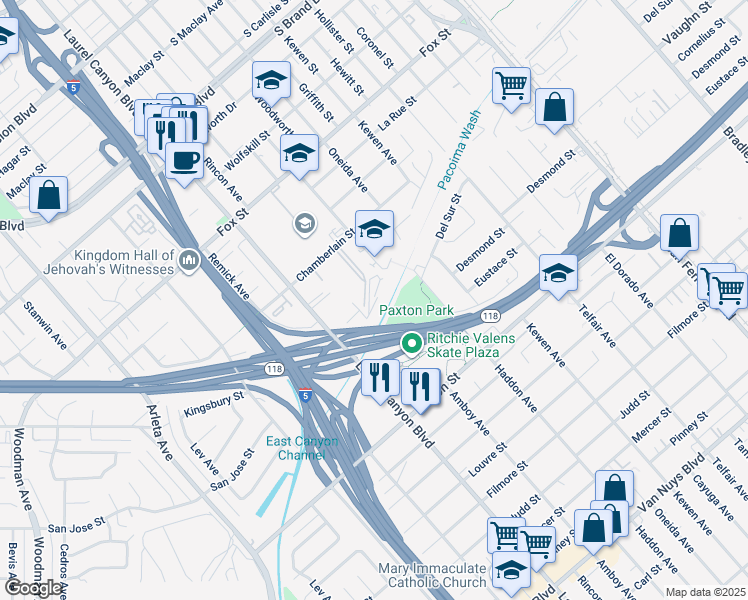 map of restaurants, bars, coffee shops, grocery stores, and more near 10864 Laurel Canyon Blvd in San Fernando
