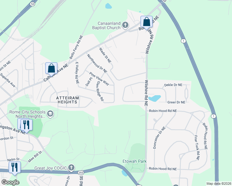 map of restaurants, bars, coffee shops, grocery stores, and more near 307 Northwood Drive Northeast in Rome