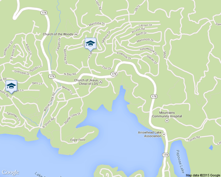 map of restaurants, bars, coffee shops, grocery stores, and more near 28751 Sherwood Road in Lake Arrowhead