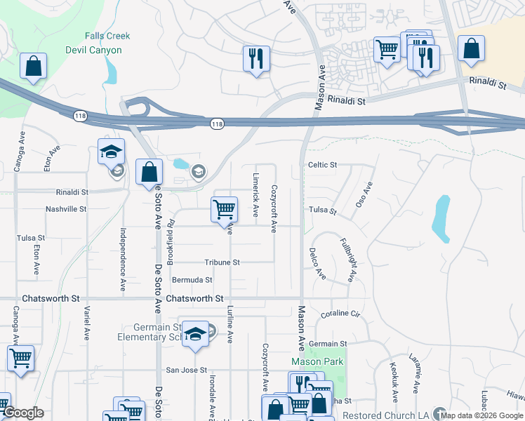 map of restaurants, bars, coffee shops, grocery stores, and more near 10922 Limerick Avenue in Los Angeles