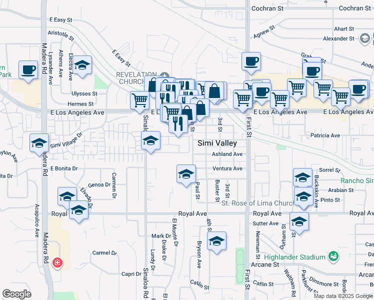 map of restaurants, bars, coffee shops, grocery stores, and more near 1748 Sinaloa Road in Simi Valley