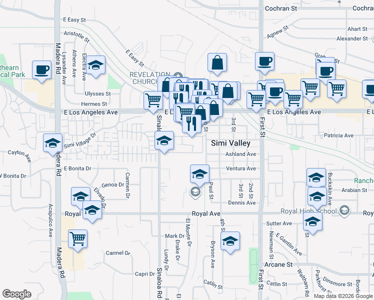 map of restaurants, bars, coffee shops, grocery stores, and more near 1766 Sinaloa Road in Simi Valley
