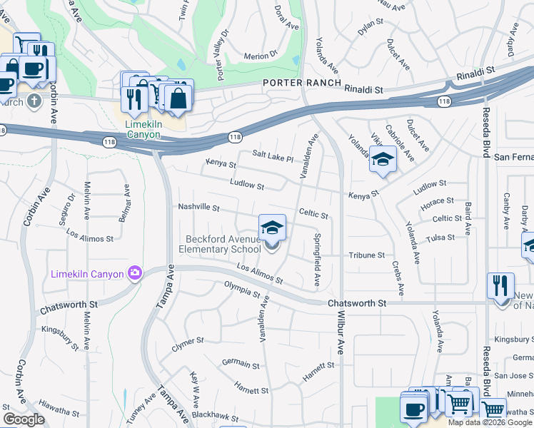 map of restaurants, bars, coffee shops, grocery stores, and more near 19117 Nashville Street in Los Angeles