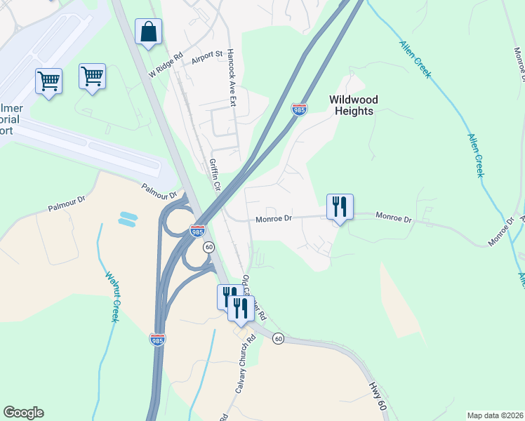 map of restaurants, bars, coffee shops, grocery stores, and more near 243 Monroe Drive in Gainesville