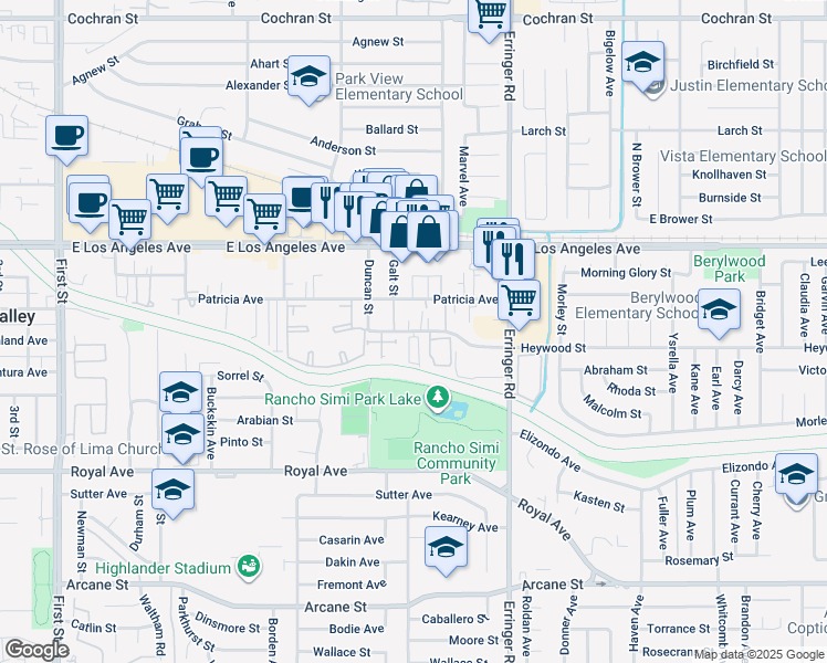 map of restaurants, bars, coffee shops, grocery stores, and more near 1740 Heywood Street in Simi Valley