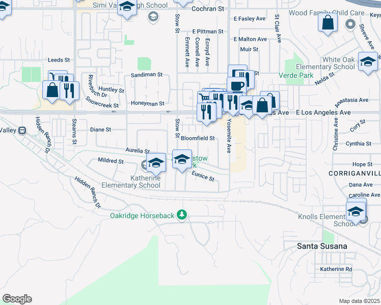 map of restaurants, bars, coffee shops, grocery stores, and more near 1742 Warfield Court in Simi Valley