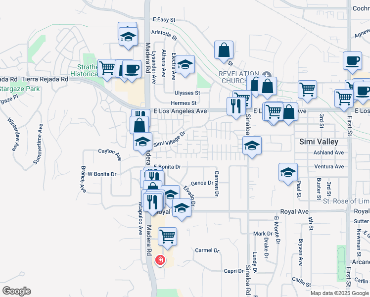 map of restaurants, bars, coffee shops, grocery stores, and more near 193 Sunloft Lane in Simi Valley
