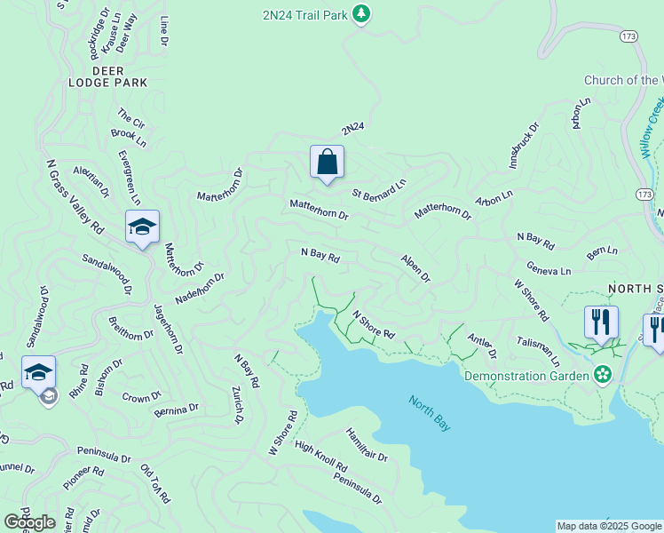 map of restaurants, bars, coffee shops, grocery stores, and more near 27663 North Bay Road in Lake Arrowhead