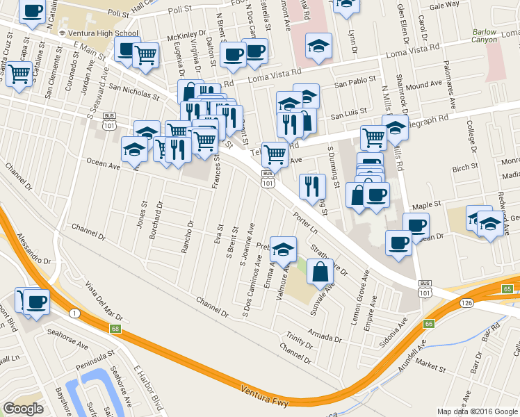 map of restaurants, bars, coffee shops, grocery stores, and more near 264 South Joanne Avenue in Ventura