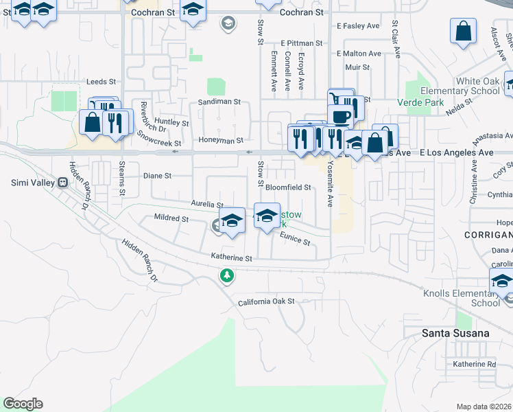 map of restaurants, bars, coffee shops, grocery stores, and more near 1725 Stow Street in Simi Valley