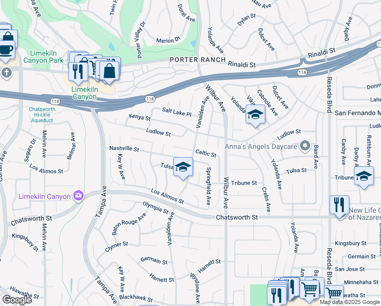 map of restaurants, bars, coffee shops, grocery stores, and more near 19040 Celtic Street in Los Angeles