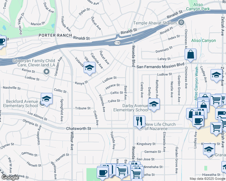 map of restaurants, bars, coffee shops, grocery stores, and more near 18647 Celtic Street in Los Angeles