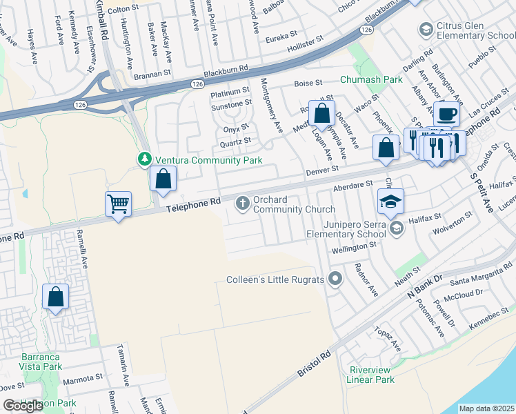 map of restaurants, bars, coffee shops, grocery stores, and more near 8280 Wabash Street in Ventura