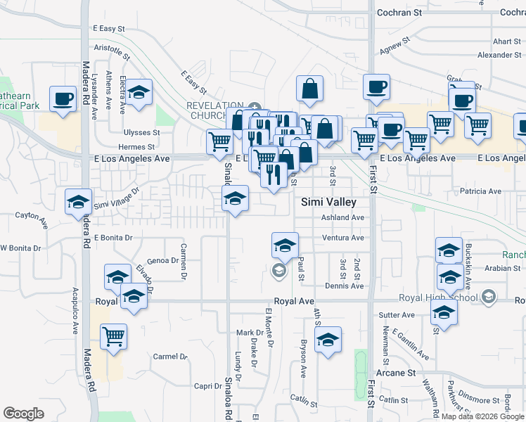 map of restaurants, bars, coffee shops, grocery stores, and more near 1760 Sinaloa Villa Road in Simi Valley
