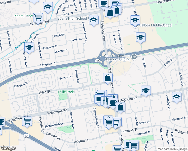 map of restaurants, bars, coffee shops, grocery stores, and more near 691 County Square Drive in Ventura