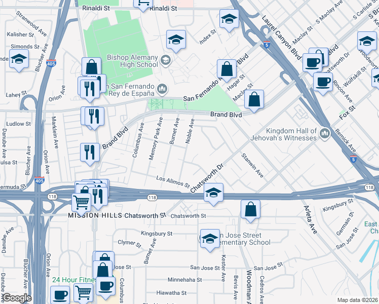 map of restaurants, bars, coffee shops, grocery stores, and more near 10982 Noble Avenue in Los Angeles