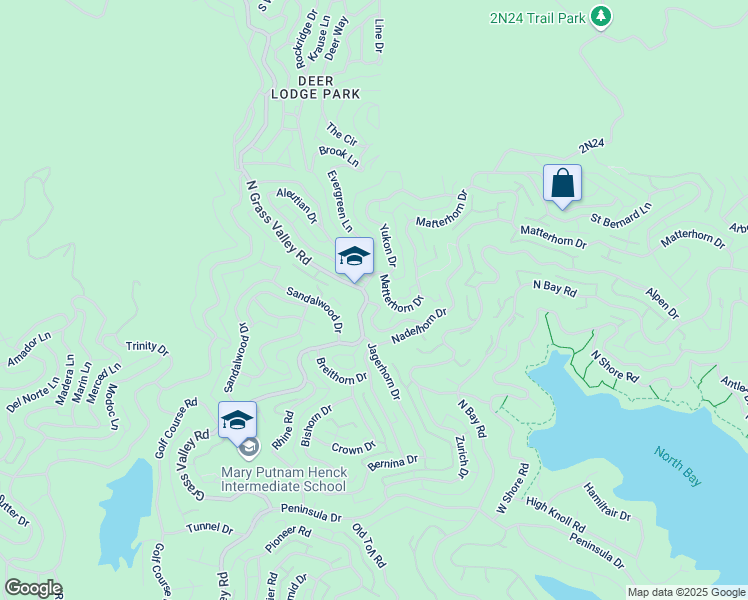 map of restaurants, bars, coffee shops, grocery stores, and more near 1039 Grass Valley Road in Lake Arrowhead
