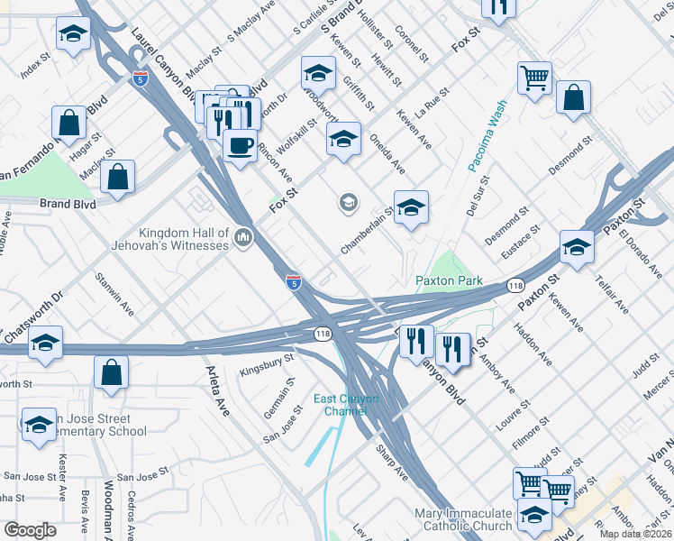 map of restaurants, bars, coffee shops, grocery stores, and more near 10943 Laurel Canyon Boulevard in San Fernando