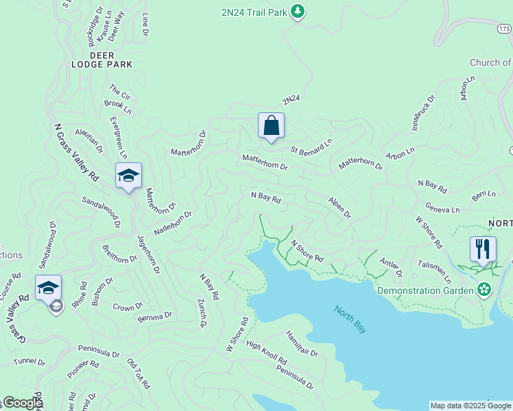map of restaurants, bars, coffee shops, grocery stores, and more near 27614 West Shore Road in Lake Arrowhead