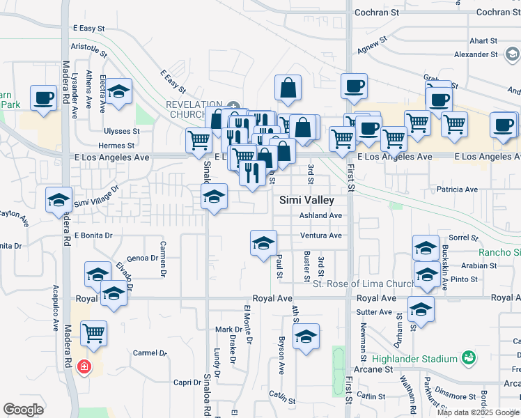 map of restaurants, bars, coffee shops, grocery stores, and more near 1748 Sinaloa Road in Simi Valley
