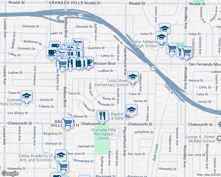 map of restaurants, bars, coffee shops, grocery stores, and more near 16700 Celtic Street in Los Angeles