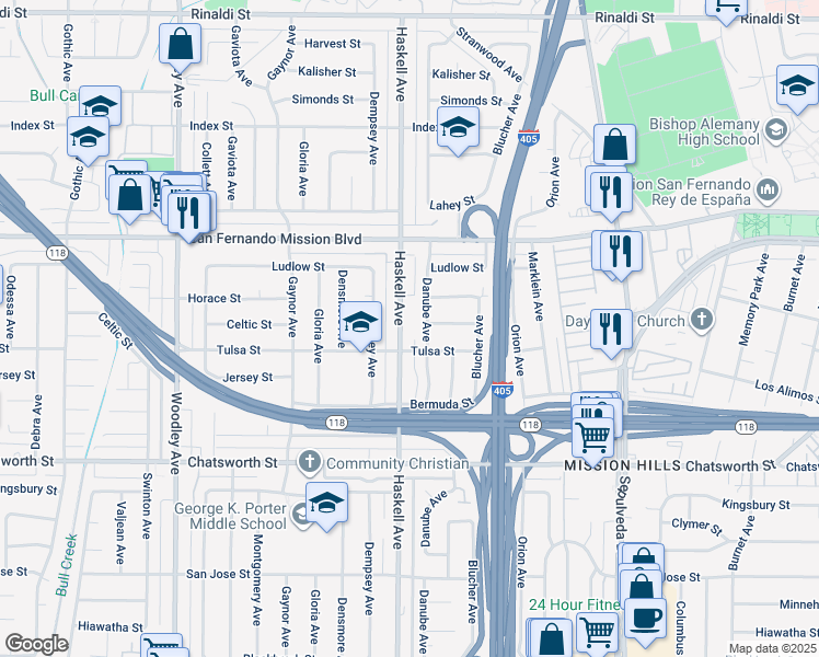 map of restaurants, bars, coffee shops, grocery stores, and more near 10928 Haskell Avenue in Los Angeles