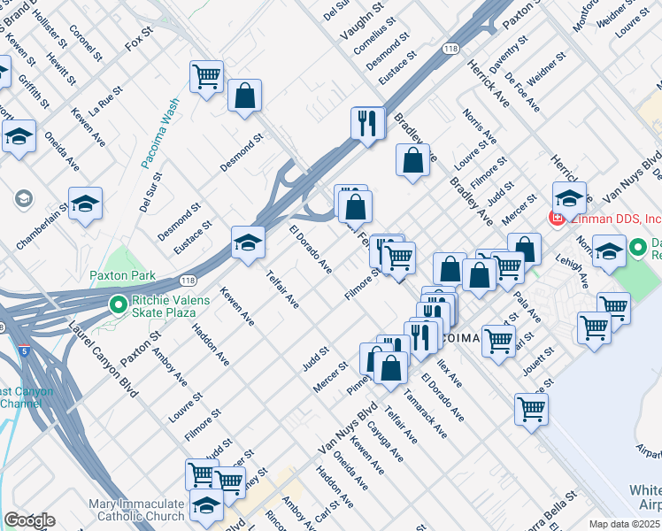 map of restaurants, bars, coffee shops, grocery stores, and more near 13537 Louvre Street in Los Angeles